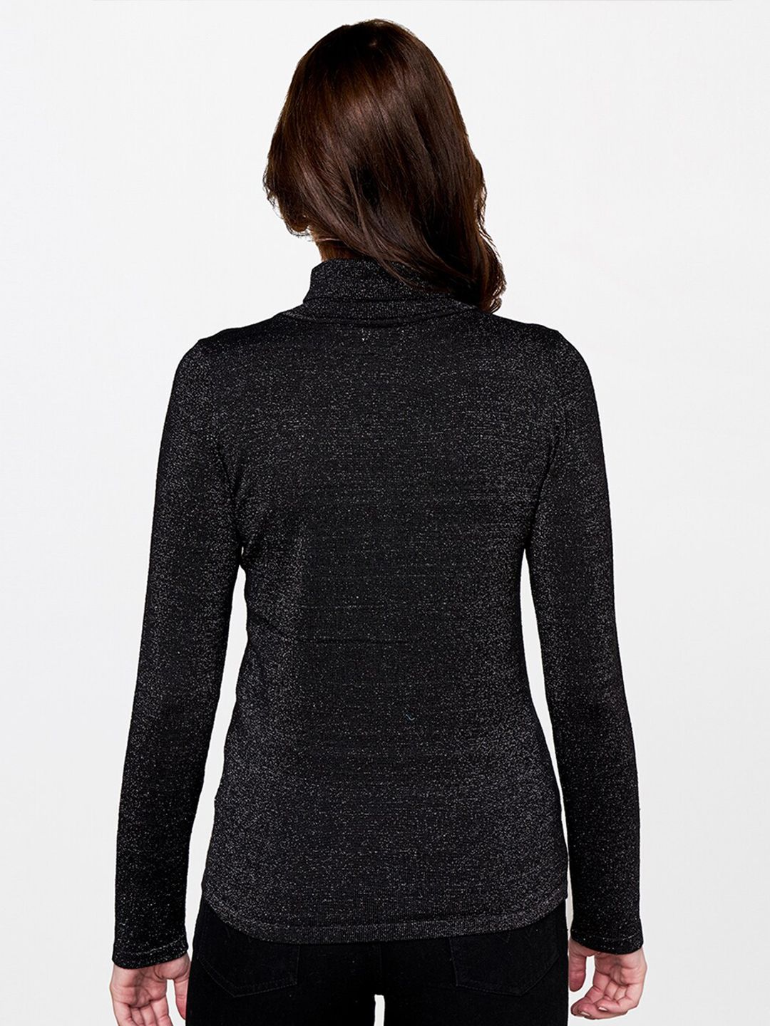 AND Women Black Solid High Neck Top