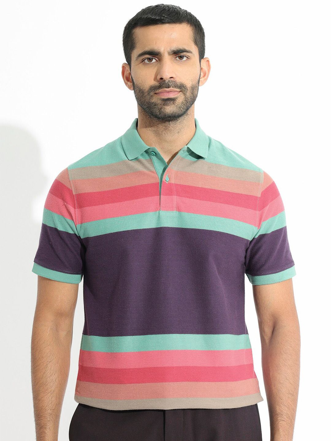 RARE RABBIT Men Glasglow Striped Polo Collar Slim Fit Pure Cotton T-Shirt