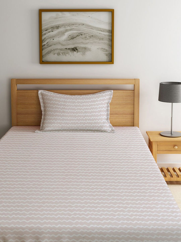 KLOTTHE Beige Chevron Cotton 300 TC Fitted Single Fine Bedsheet with a Pillow Cover-87 x 59 inches