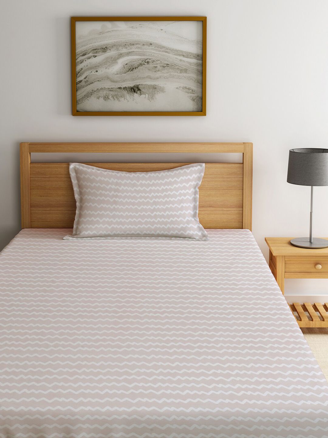 KLOTTHE Beige Chevron Cotton 300 TC Fitted Single Fine Bedsheet with a Pillow Cover-87 x 59 inches