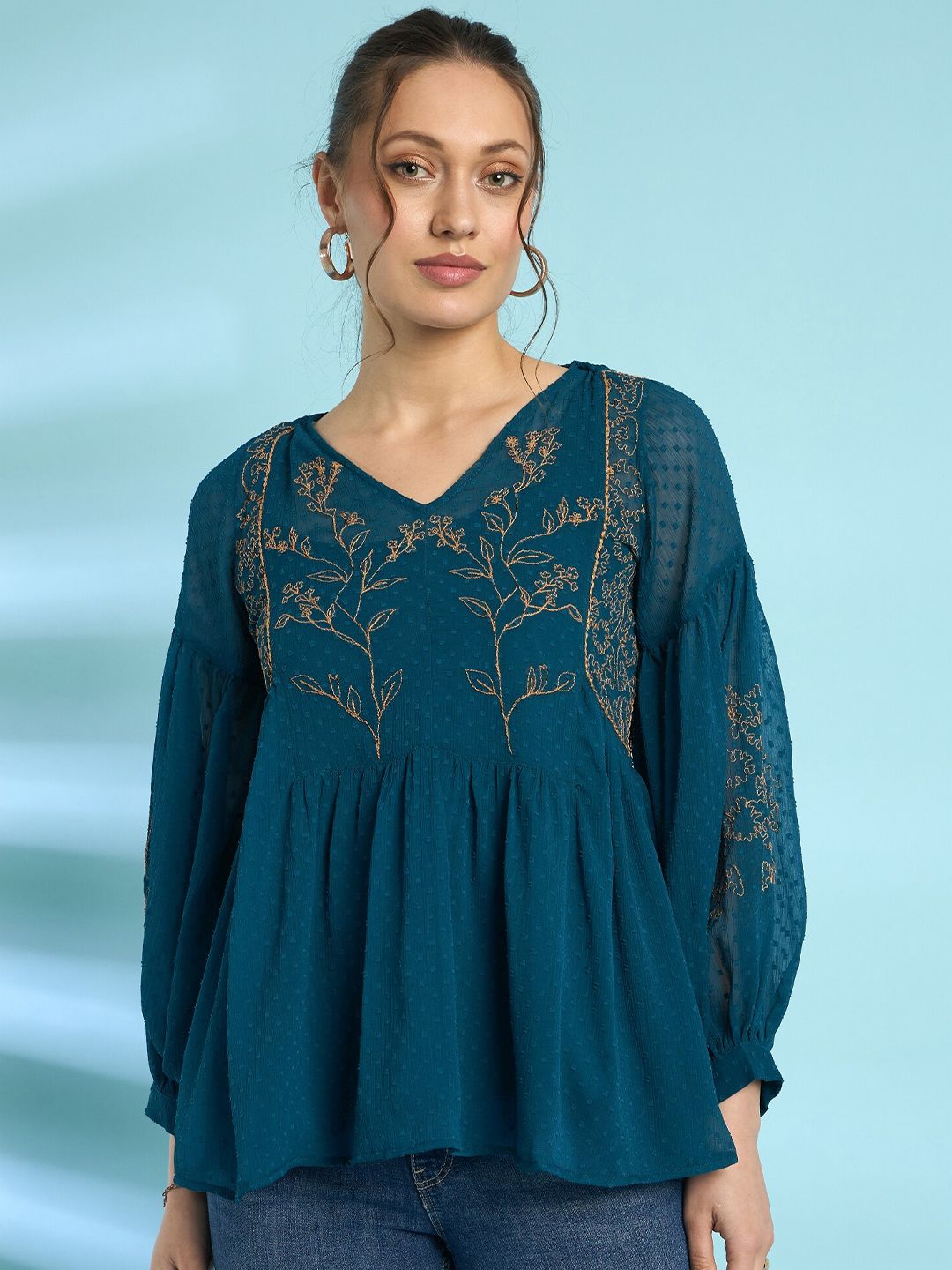 Antheaa Embroidered Bell Sleeve Chiffon Top