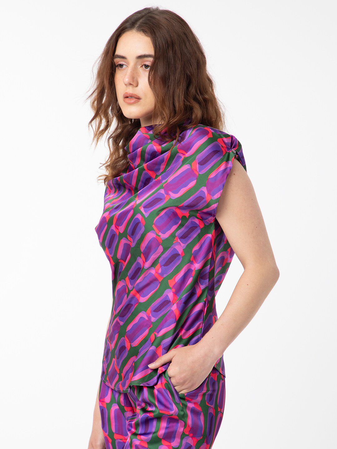 RAREISM Abstract Printed Cowl Neck Extended Sleeves Top