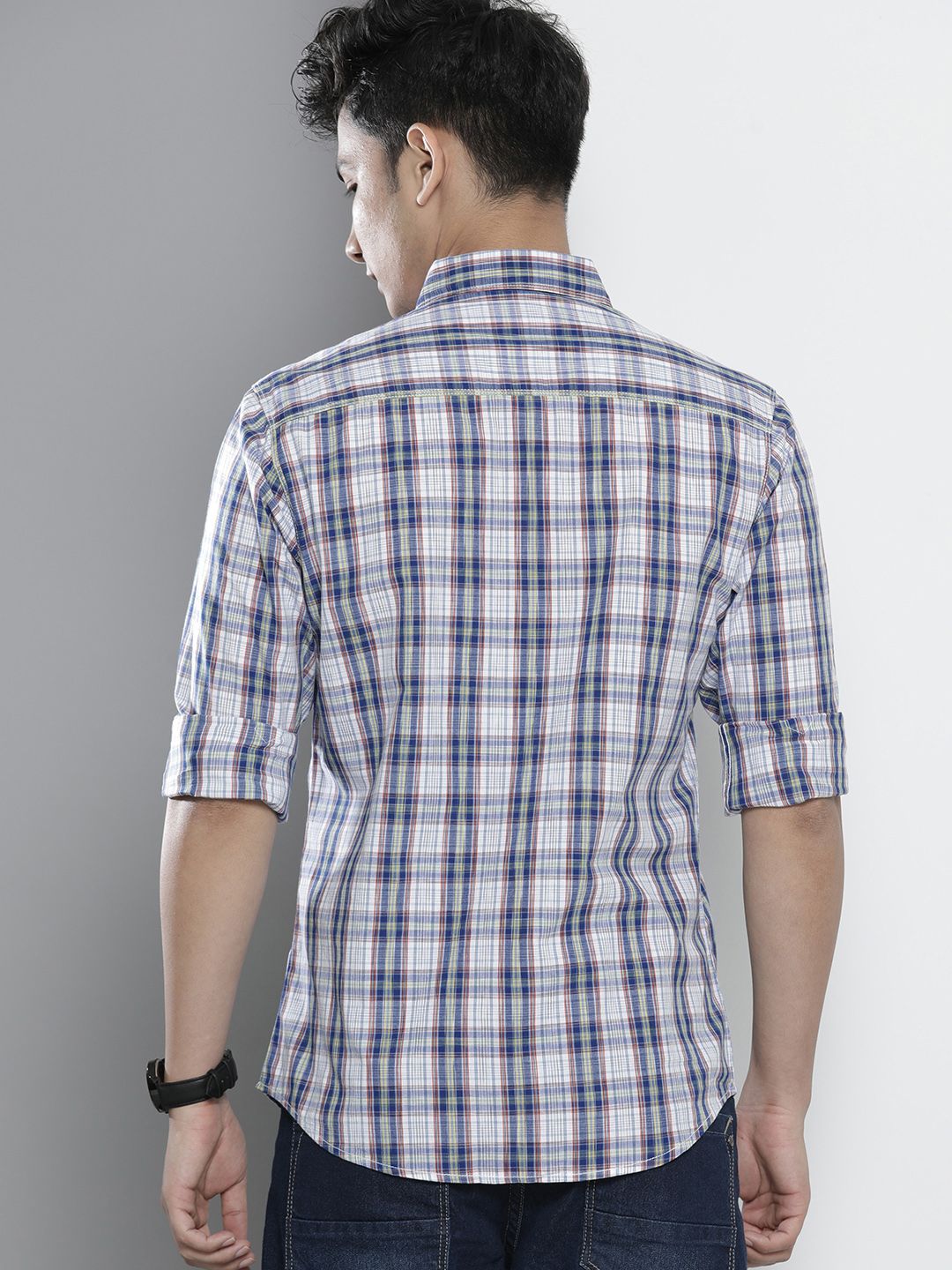 The Indian Garage Co Men White Regular Fit Tartan Checks Opaque Checked Casual Shirt