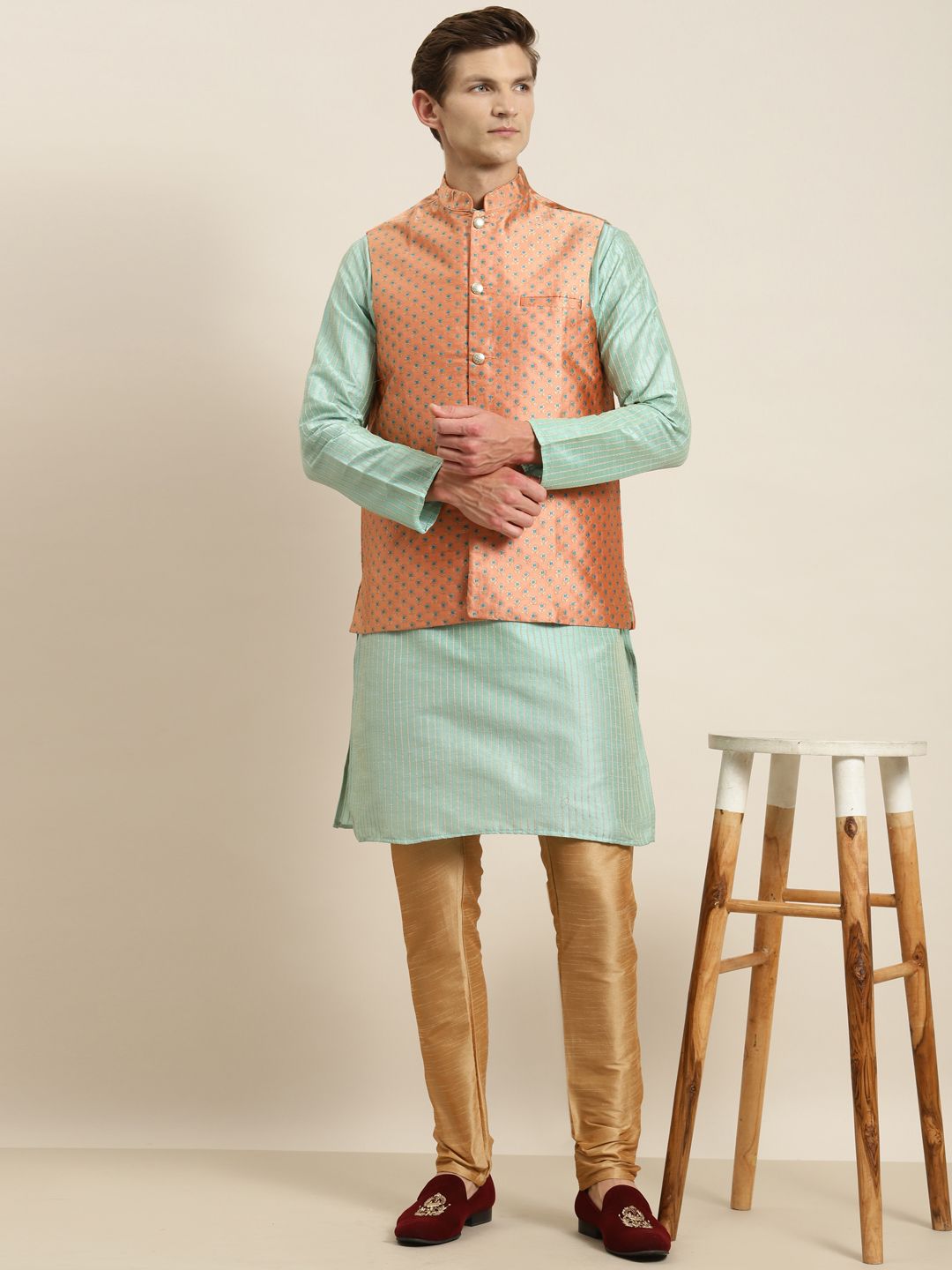 SOJANYA Kurta Belang Hijau Laut Lelaki dengan Jaket Churidar & Nehru