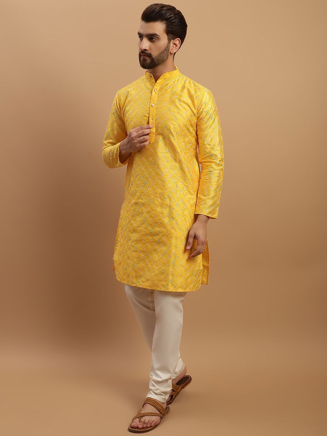 SOJANYA Geometric Embroidered Regular Kurta With Churidar & Nehru Jacket