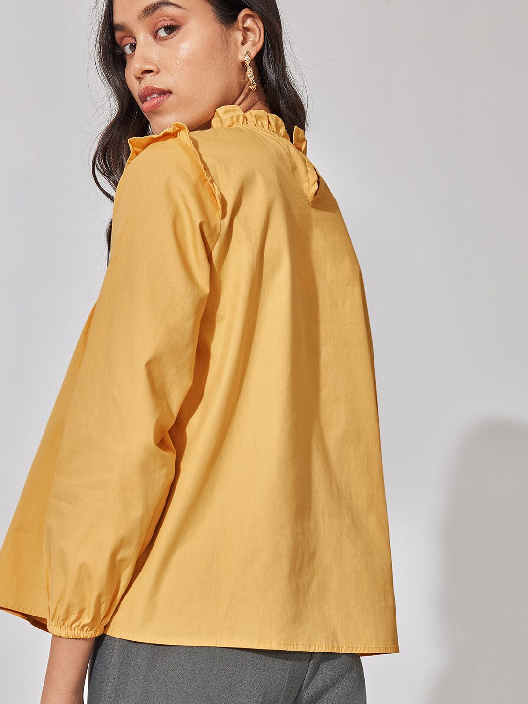 The Label Life High Neck Pintuck Ruffled Cotton Top
