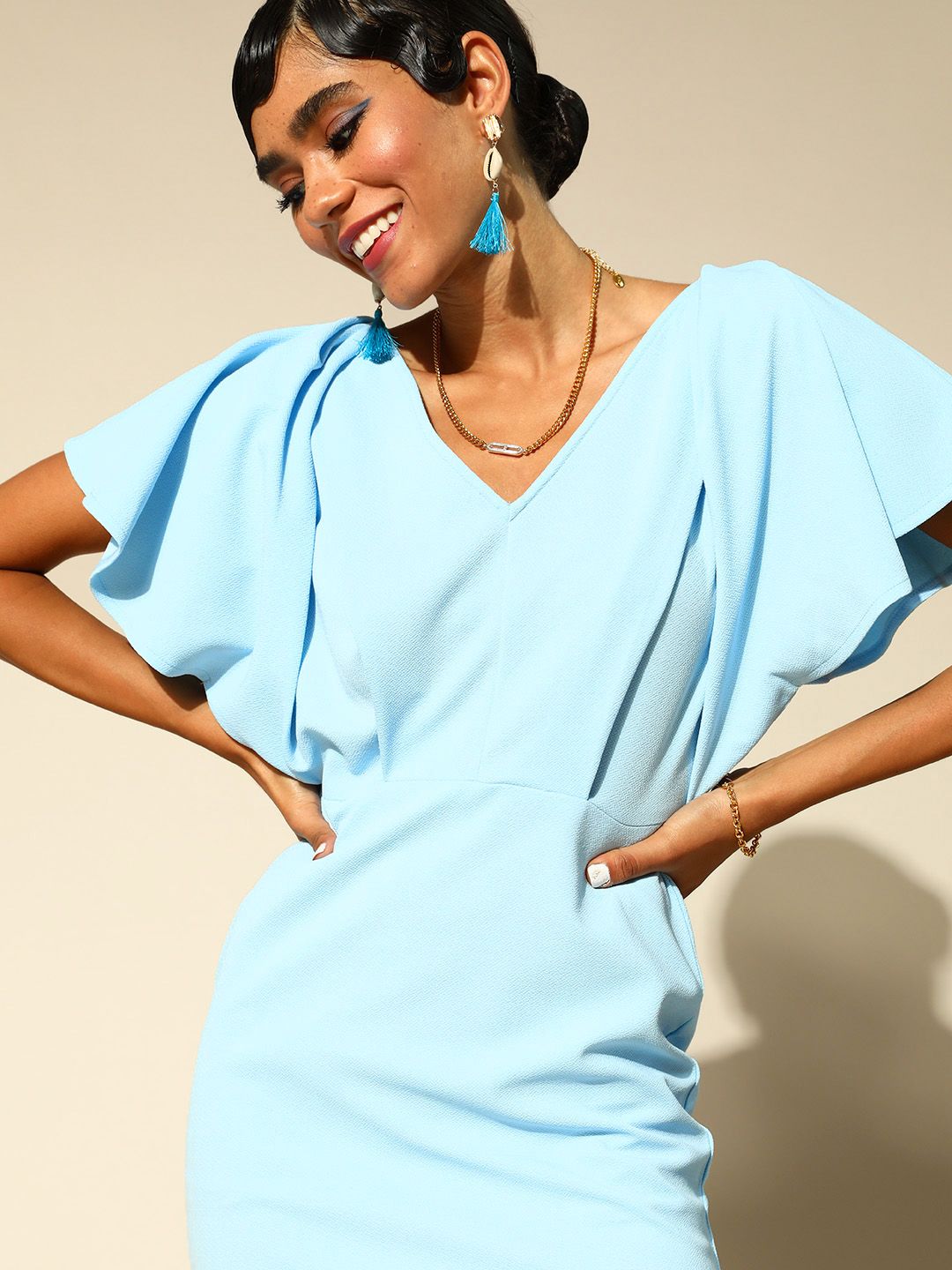 Athena Women Stunning Blue Solid New Neckline Dress