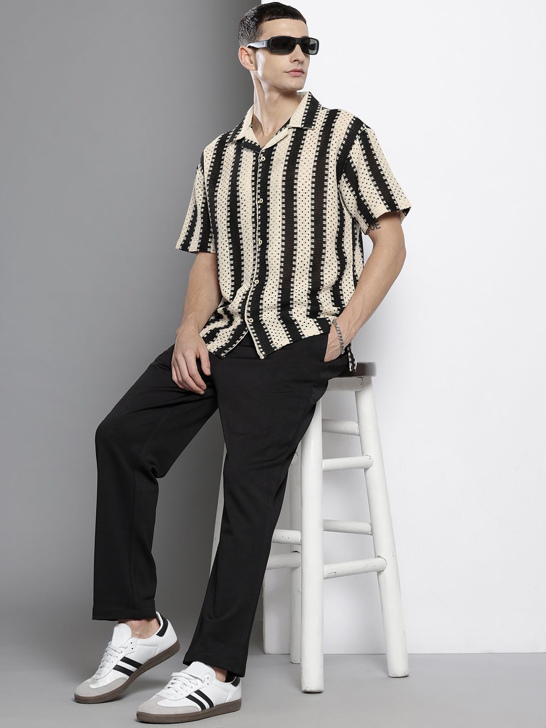 The Indian Garage Co Men Textured Open Weave Knitted Relaxed Fit Shirt
