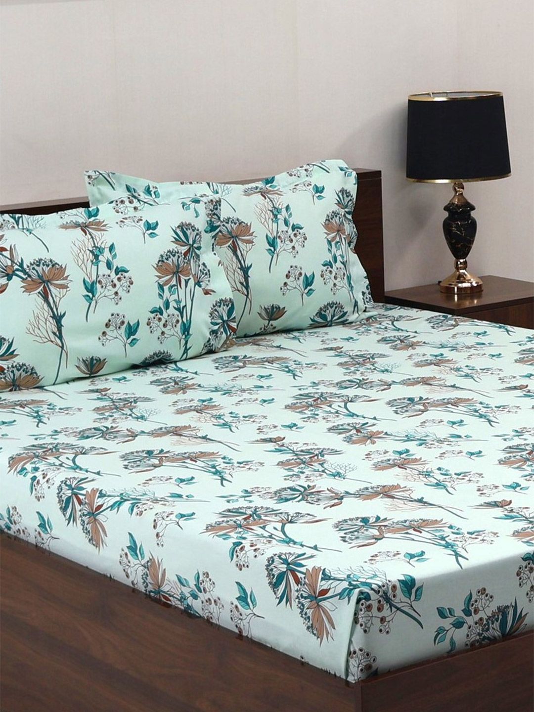 BOMBAY DYEING Green Floral Cotton 140 TC Queen Fitted Bedsheet Set-1.52 m X 1.98 m X 30 cm