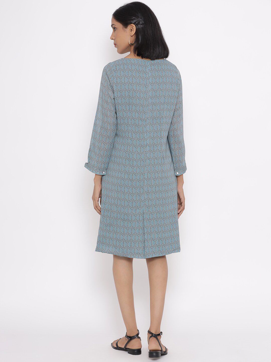 W Sea Green Geometric Printed A-Line Dress
