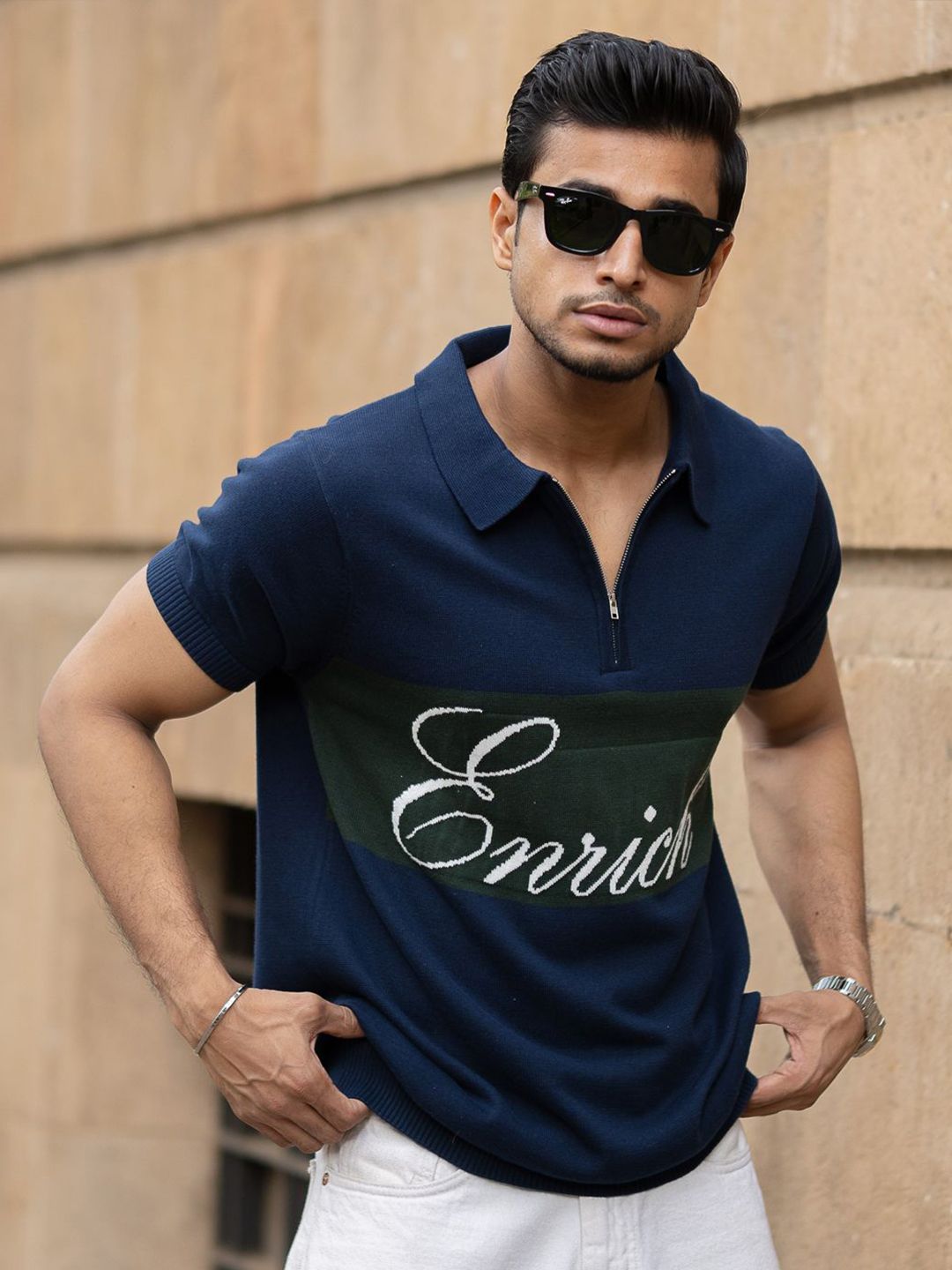 Powerlook SS25 Typography Printed Knitted Polo Collar Pure Cotton T-Shirt