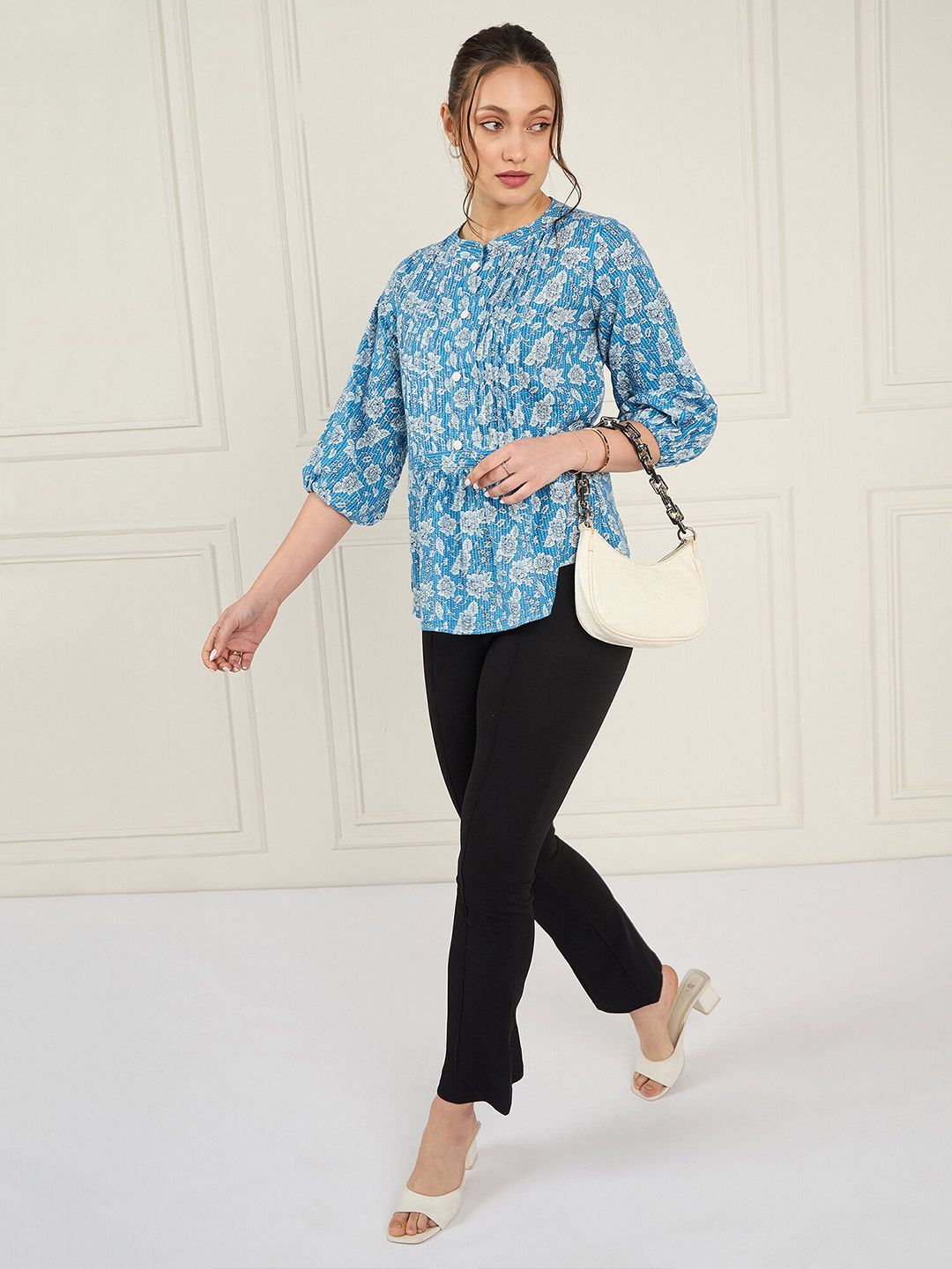 Antheaa Floral Print Mandarin Collar Pure Cotton Puff Sleeves Top