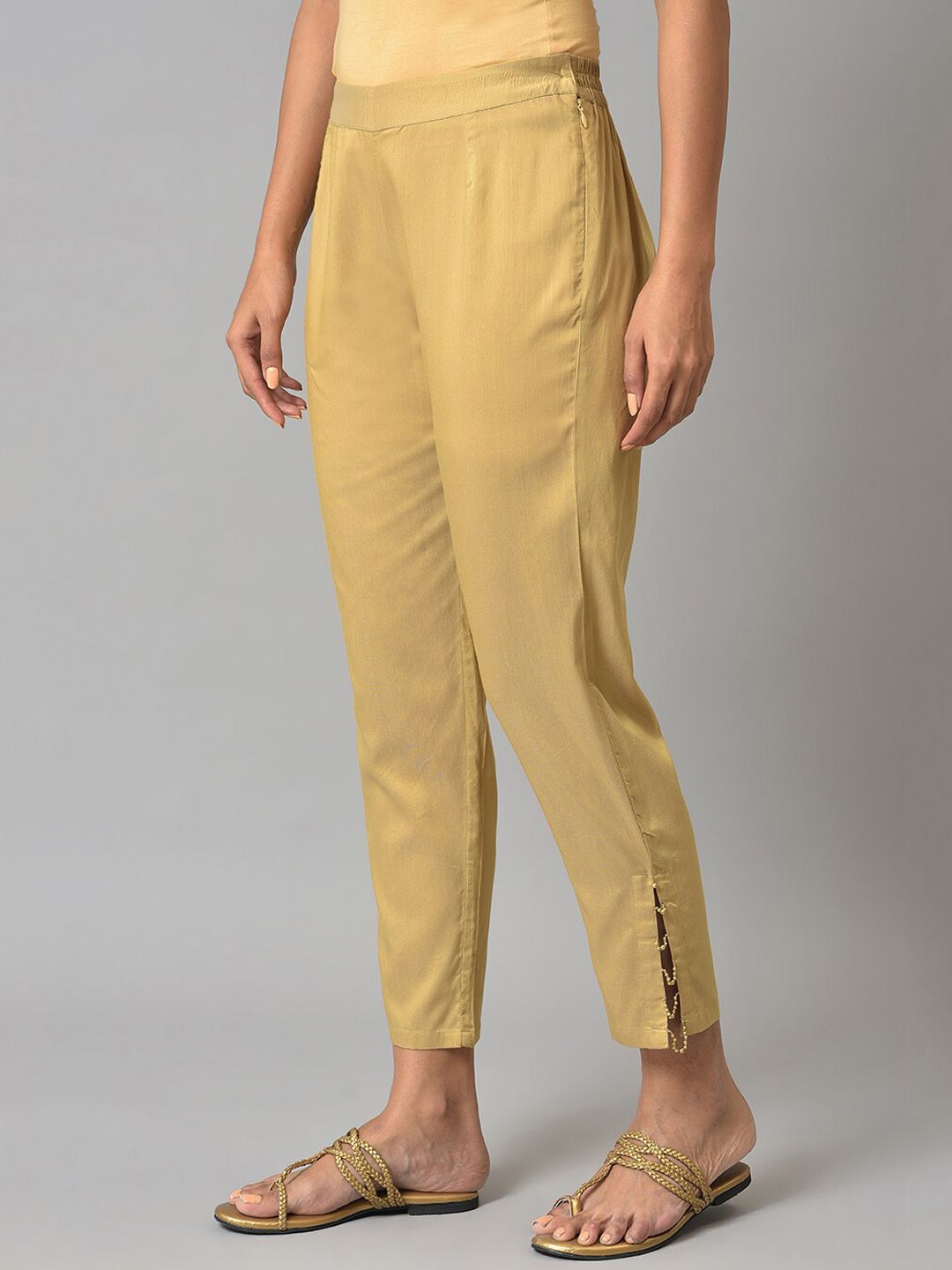 W Women Gold-Toned Slim Fit Solid Trousers