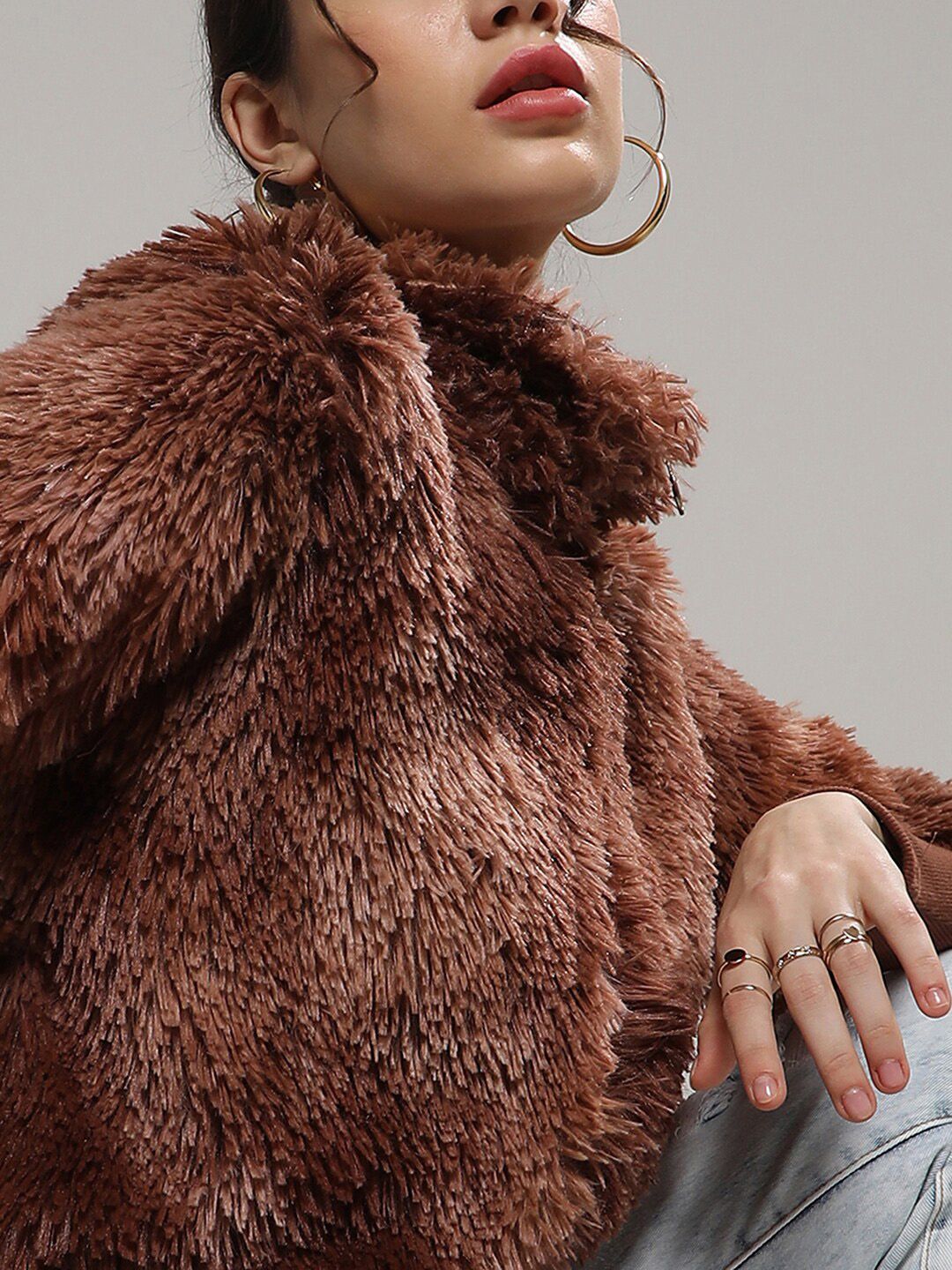 Campus Sutra Brown Mock Collar Windcheater Faux Fur Tailored Jacket