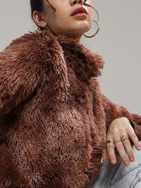 Campus Sutra Brown Mock Collar Windcheater Faux Fur Tailored Jacket