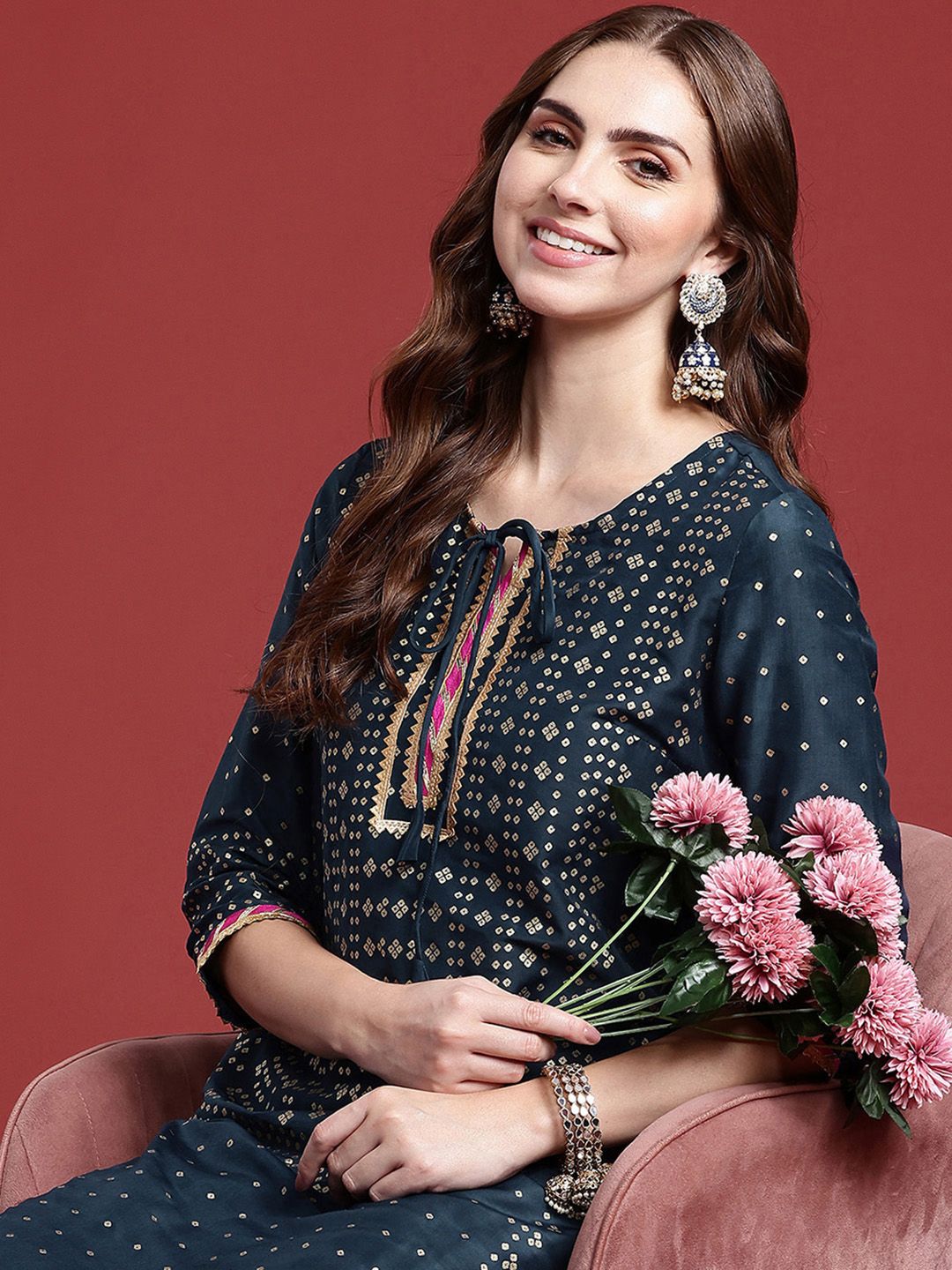 Anouk Ethnic Motifs Printed Tie-Up Neck Regular Gotta Patti Kurta With Palazzos