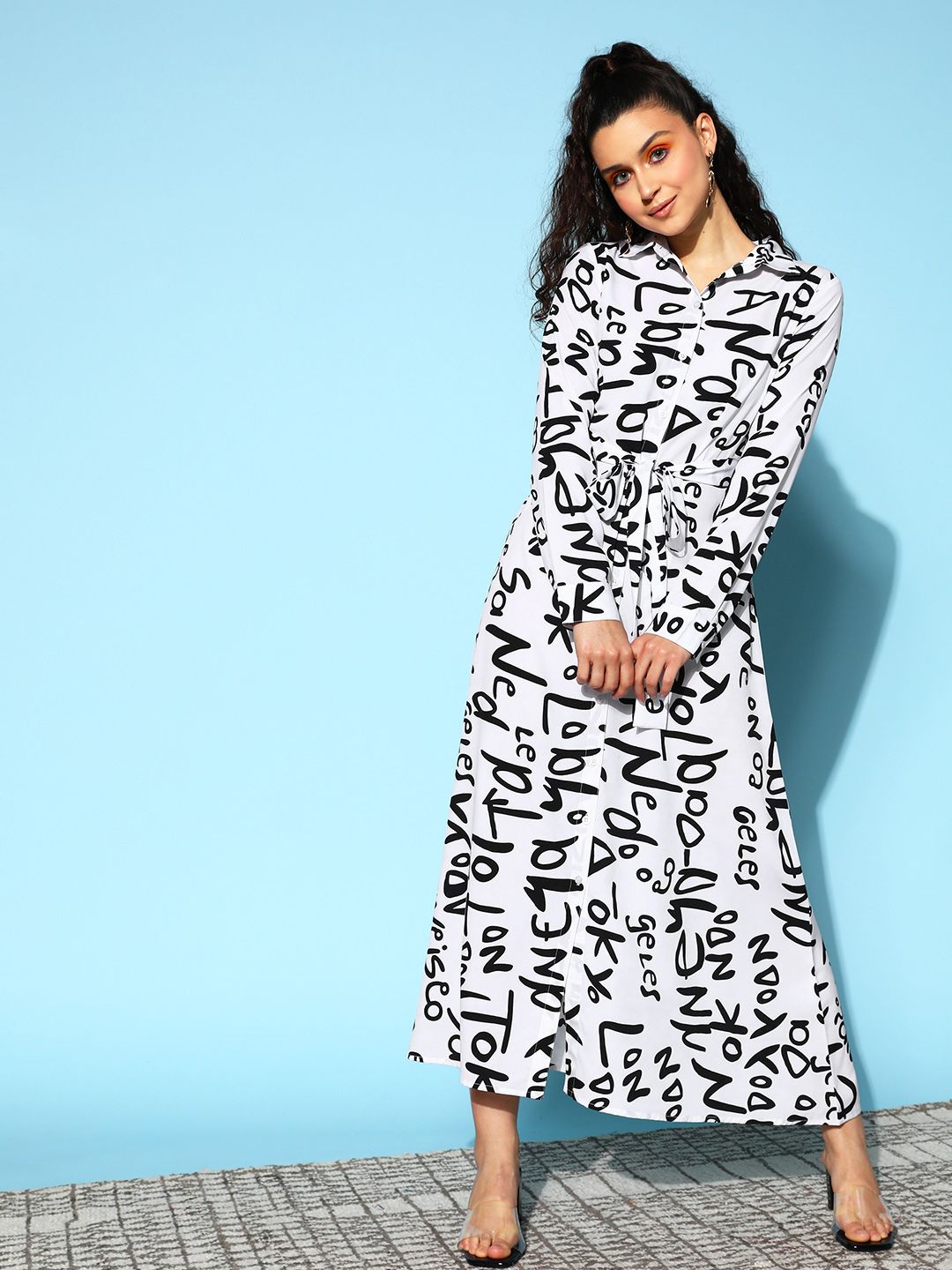 Berrylush White & Black Crepe Shirt Maxi Dress With Belt