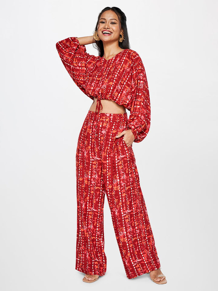 Global Desi Printed V-Neck Crop Top With Palazzos