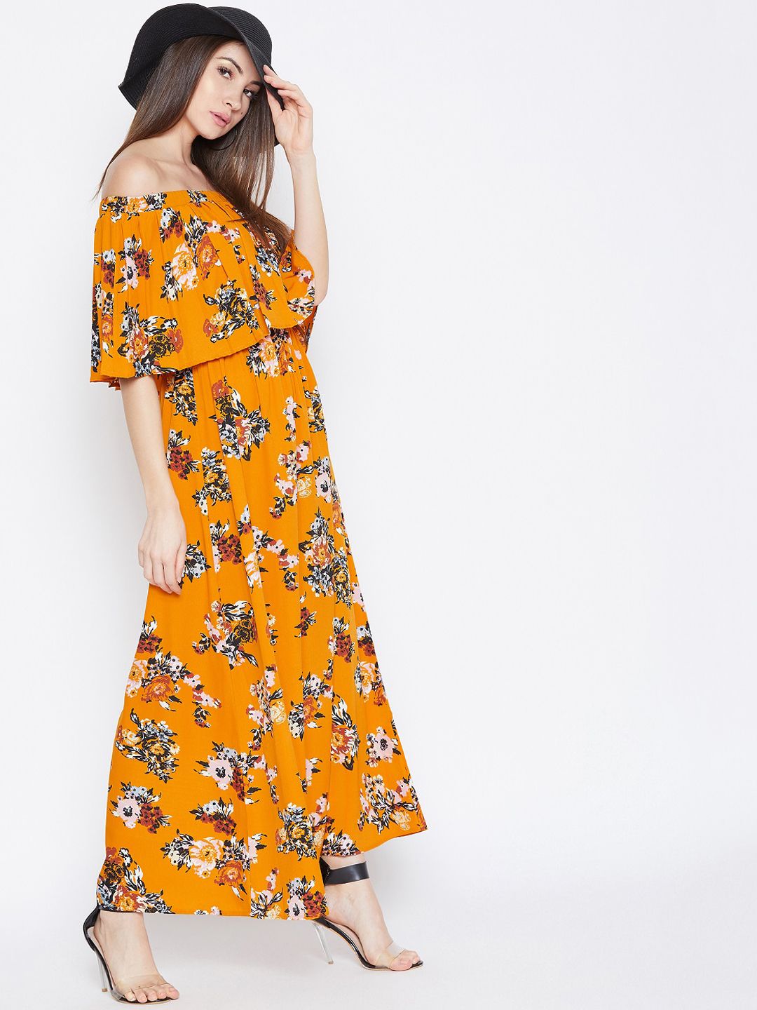 Berrylush Women Mustard Yellow & White Floral Printed Layered Maxi Dress