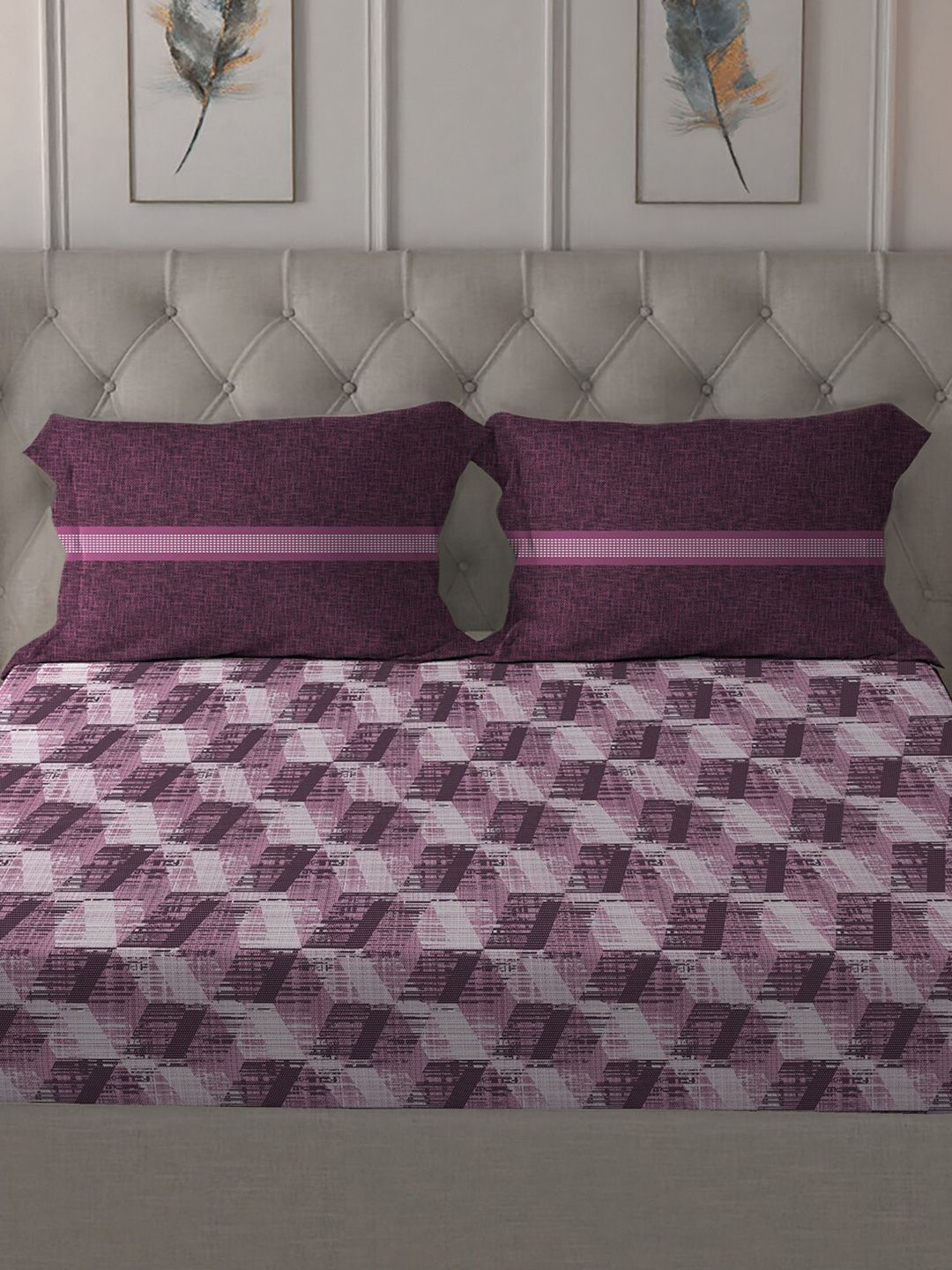 MYTRIDENT Taupe  White Geometric Pure Cotton 144 TC Queen Bedsheet With 2 Pillow Covers