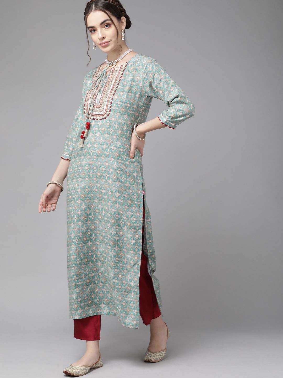 Varanga Teal Blue Ethnic Motif Yoke Embroidered Print Kurta