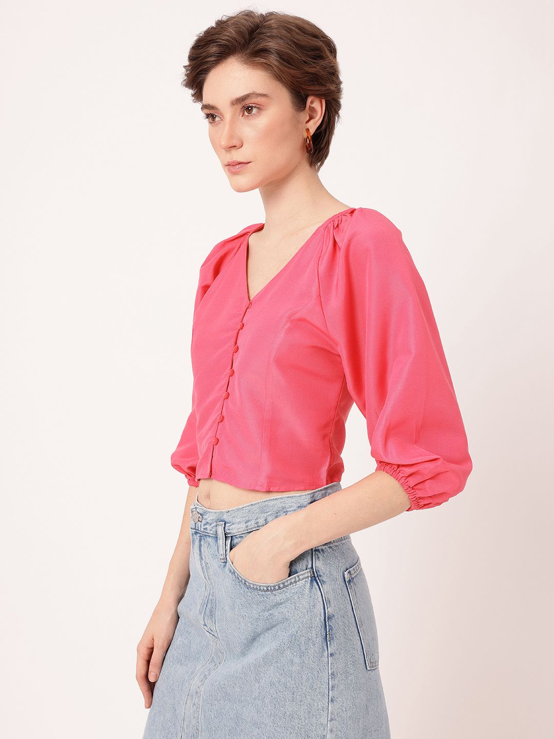 DressBerry Girly Glam Puff Sleeve Shirt Style Crop Top