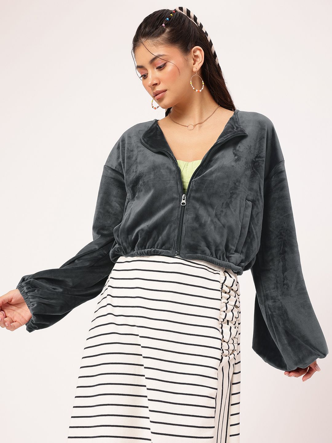 DressBerry Nomadic Nest Velour Finish Dramatic Puff Sleeves Crop Jacket