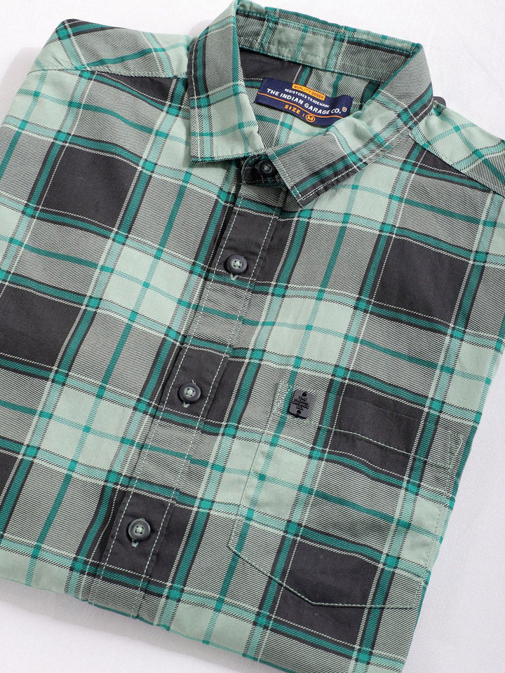 The Indian Garage Co Men Black & Green Tartan Checks Pure Cotton Casual Shirt