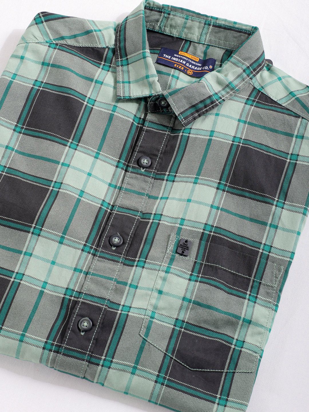 The Indian Garage Co Men Black & Green Tartan Checks Pure Cotton Casual Shirt