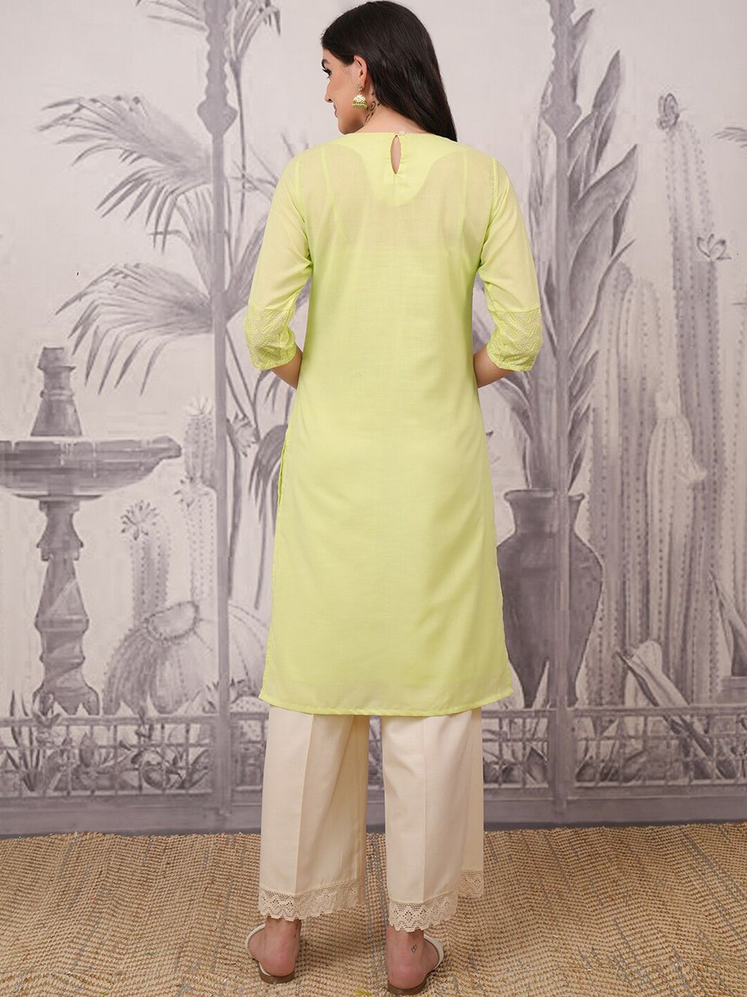 Vishudh Yellow Floral Thread Work Round Neck A-Line Kurta