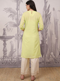 Vishudh Yellow Floral Thread Work Round Neck A-Line Kurta