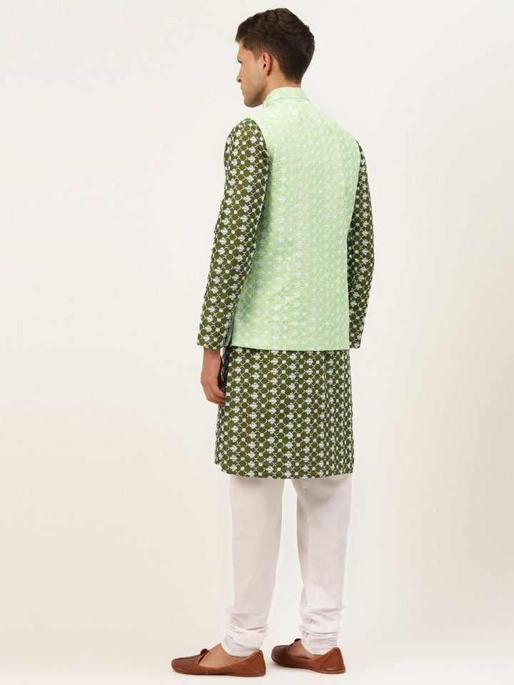 SOJANYA Lelaki Motif Etnik Zaitun Sulam Benang Kerja Kurta dengan Churidar