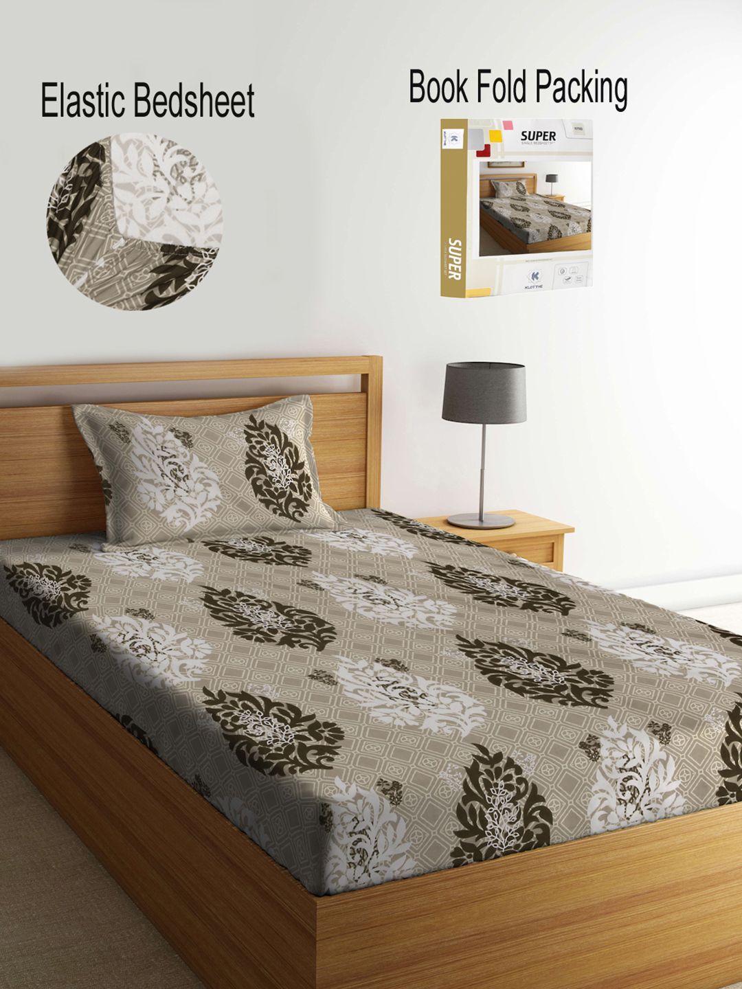 KLOTTHE Beige Ethnic Motifs Cotton 300 TC Dilengkapi Cadar Bujang Halus dengan Sarung Bantal-87 x 59 inci
