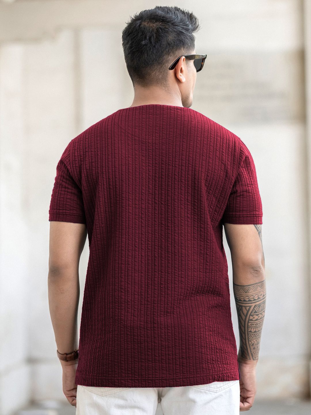 Powerlook Men Regular Fit Self Design Round Neck T-shirt
