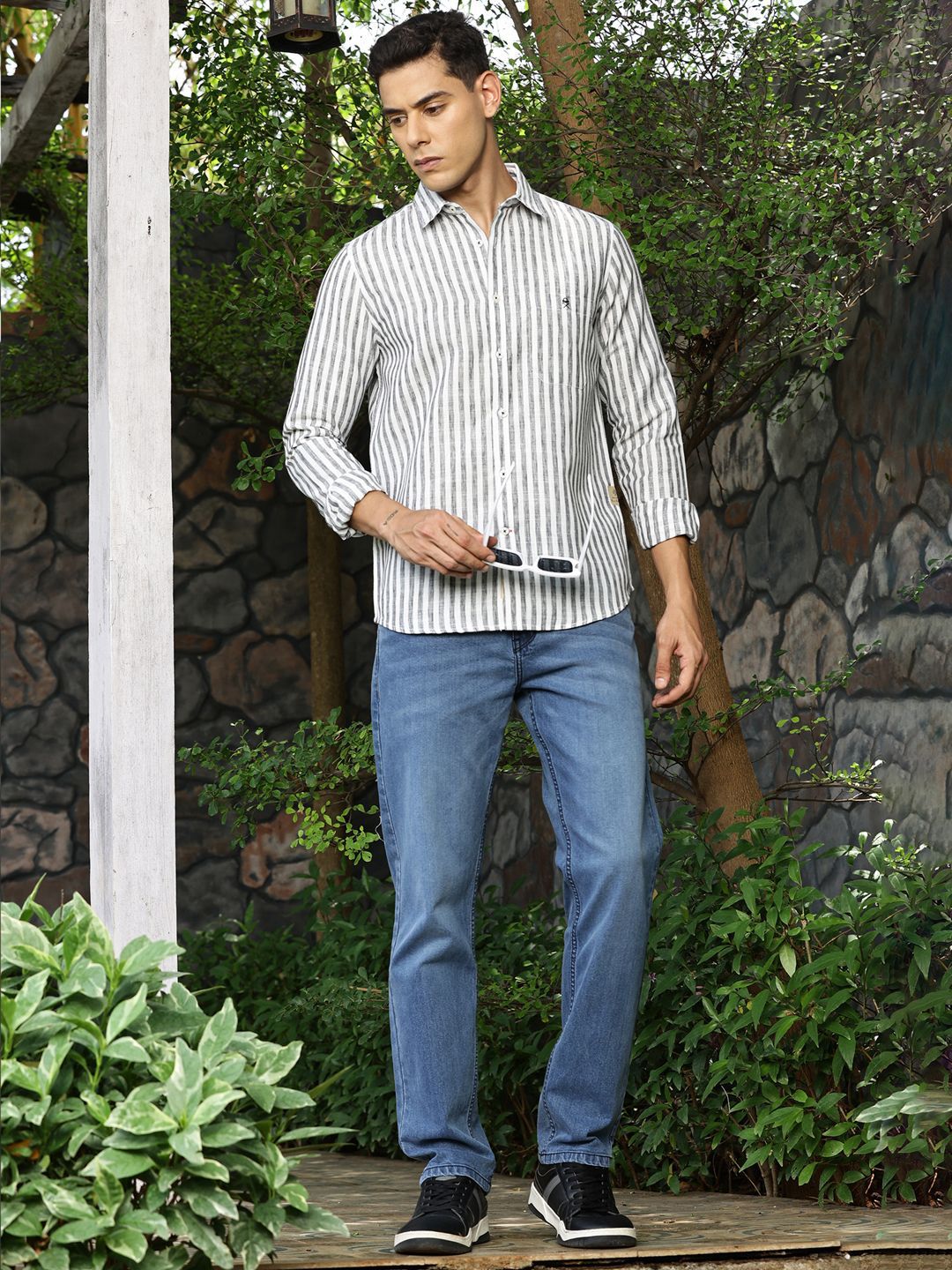 Thomas Scott Premium Linen Slim Fit Striped Spread Collar Casual Shirt