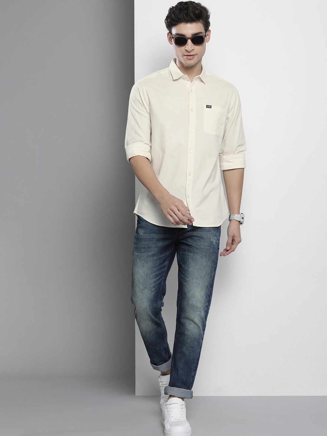 The Indian Garage Co Men Cream-Coloured Solid Casual Shirt