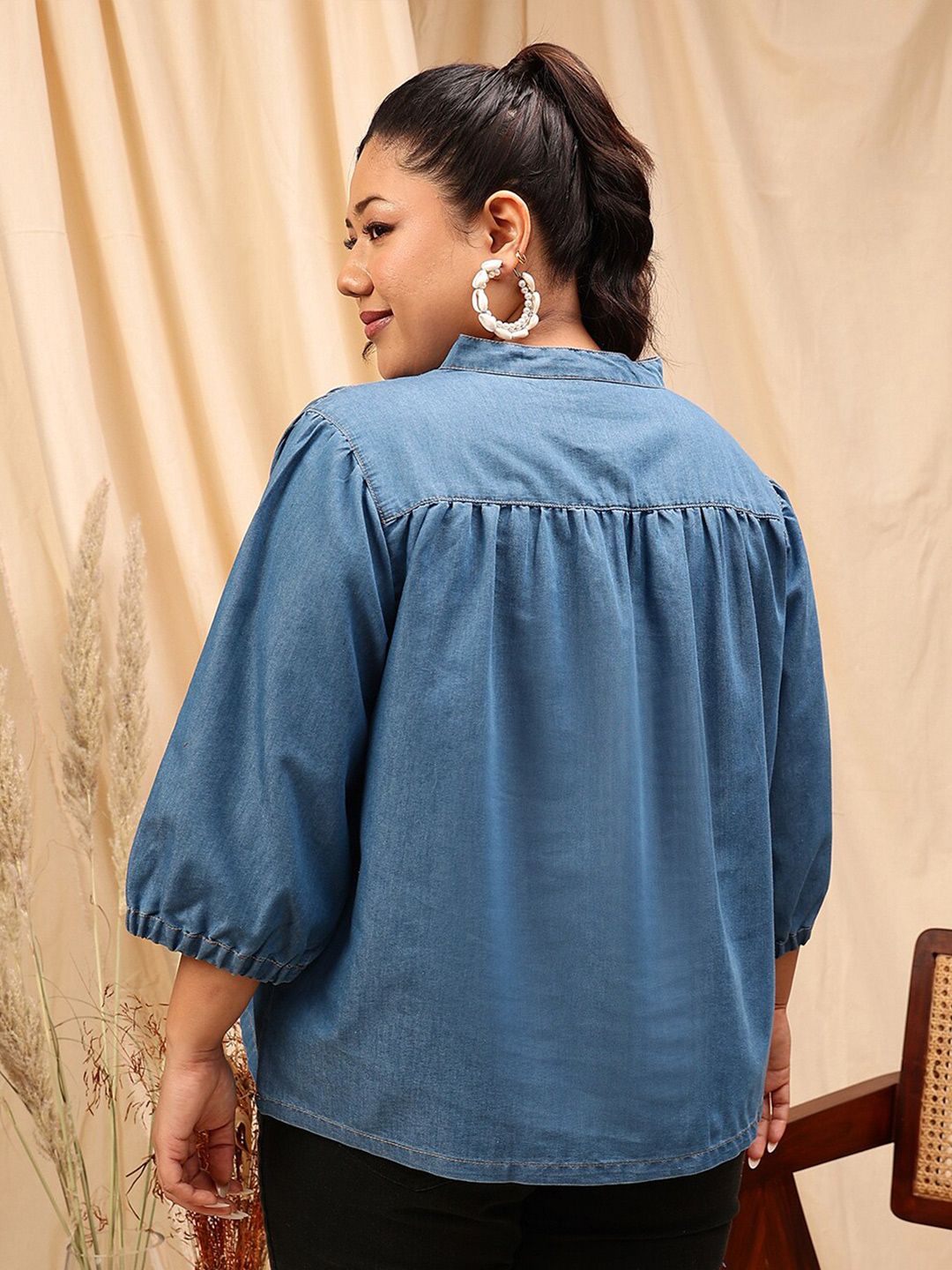 CURVY STREET Plus Size Mandarin Collar Puff Sleeves Pure Cotton Denim Top