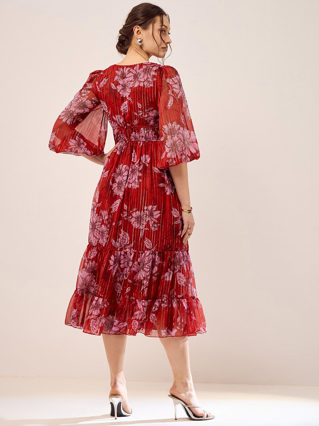 Antheaa Red Floral Printed Puff Sleeves Gathered Tiered Fit & Flare Midi Dress