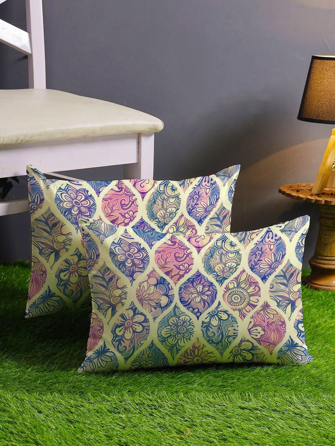 STITCHNEST Pack Of 2 Blue Floral Printed Rectangle Cushion Covers