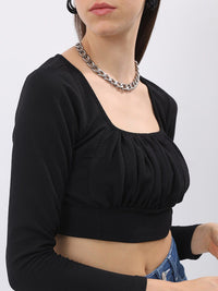 Tokyo Talkies Black Square Neck Ruched Blouson Crop Top