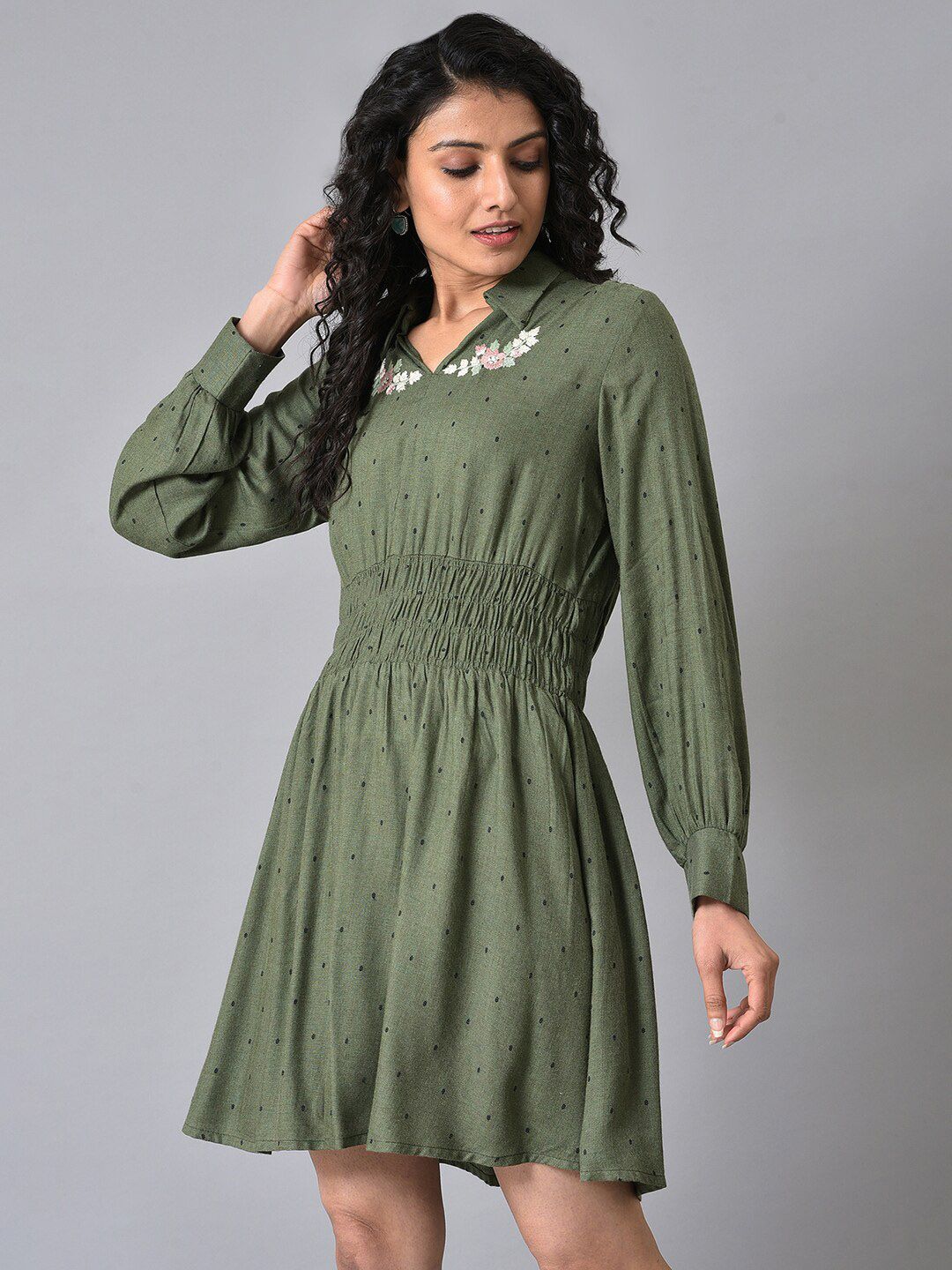 W Green Shirt Collar Polka Dots Printed Embroidered Fit And Flare Dress