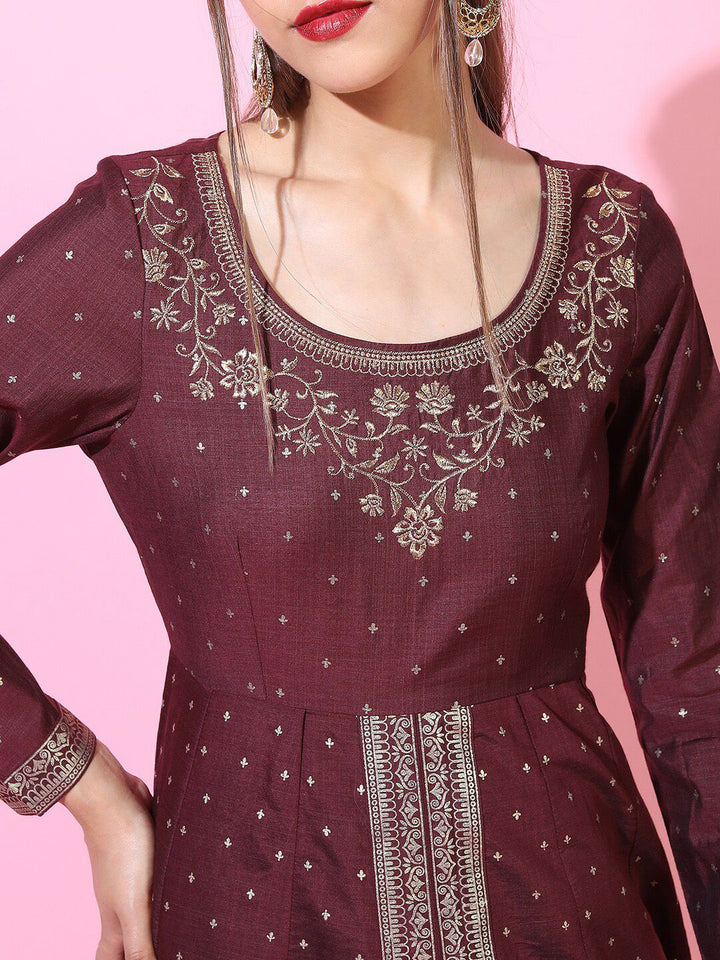Vishudh Women Maroon Floral Embroidered Kurta with Palazzos