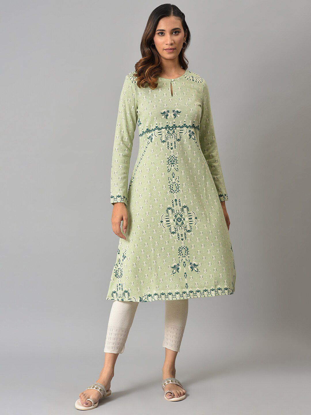 W Women Green Ethnic Motifs Keyhole Neck Woven Design Kurta