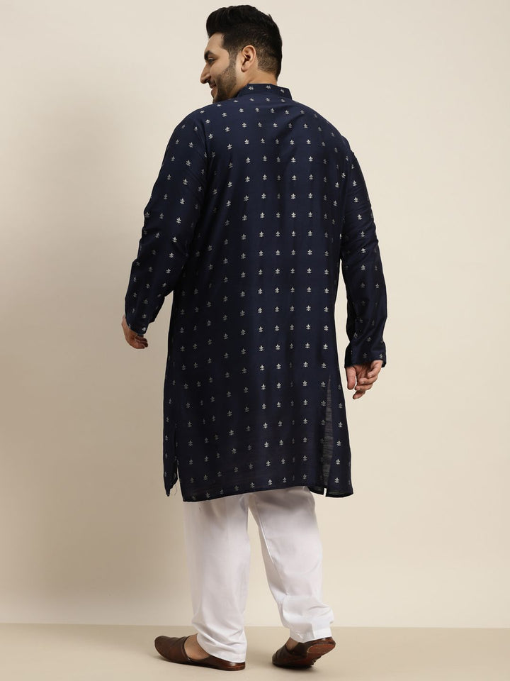 SOJANYA PLUS Lelaki Biru Laut & Perak Rekaan Tenunan Sutera Jacquard Kurta Lurus