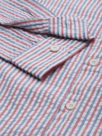 THE BEAR HOUSE Men White & Blue Slim Fit Striped Seersucker Cotton Casual Shirt