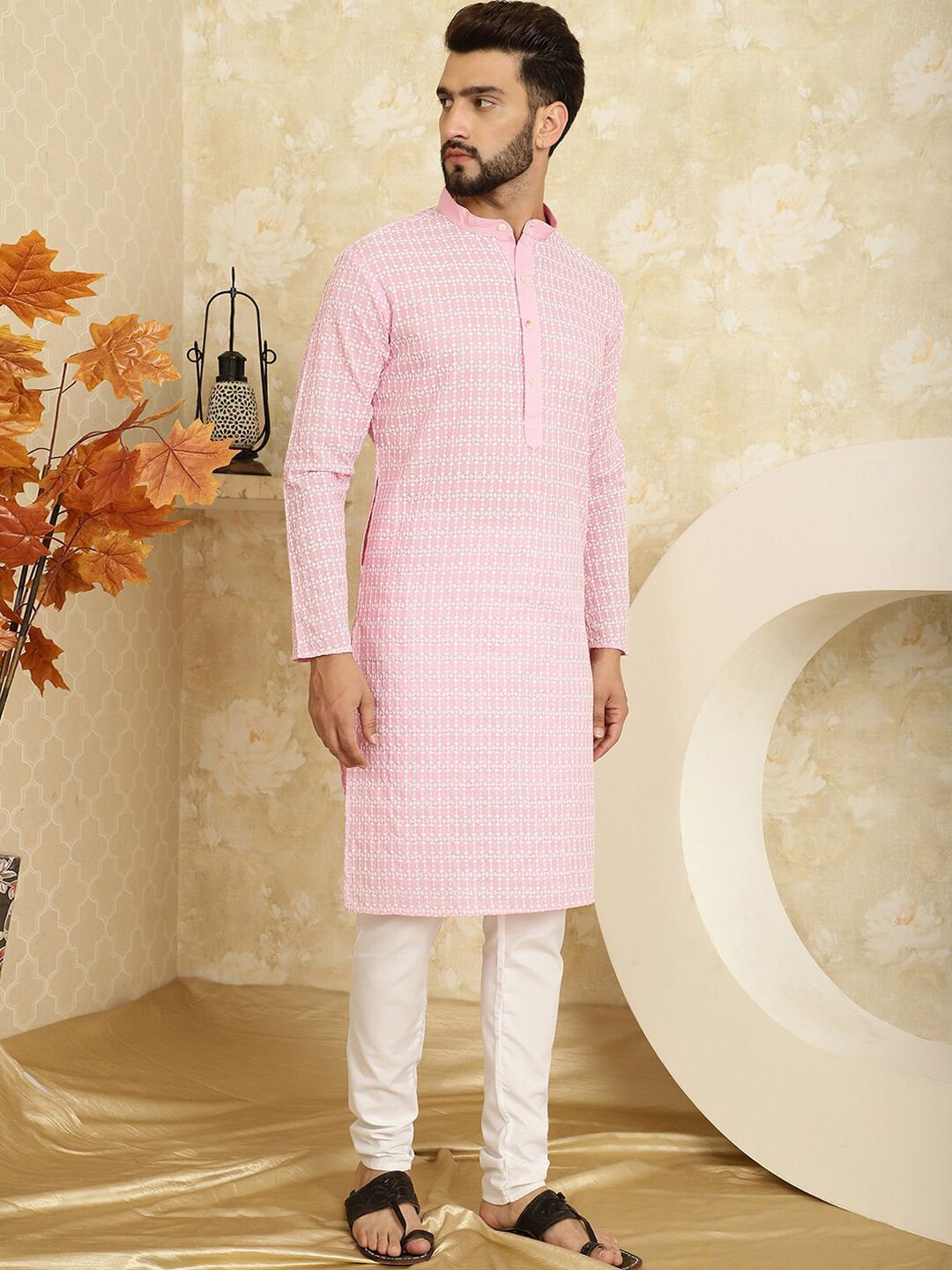 SOJANYA Ethnic Motifs Embroidered Regular Thread Work Pure Cotton Kurta with Churidar