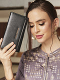 Lino Perros Women Charcoal Grey Textured Foldover Clutch