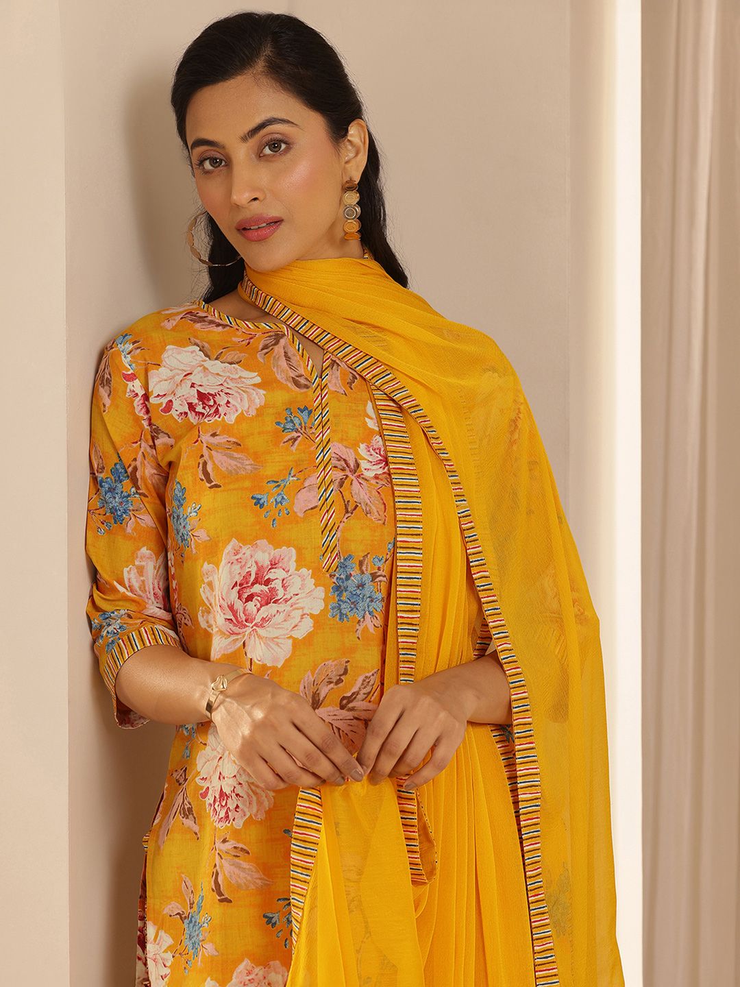 Libas Floral Printed Pure Cotton Straight Kurta With Palazzos & Dupatta