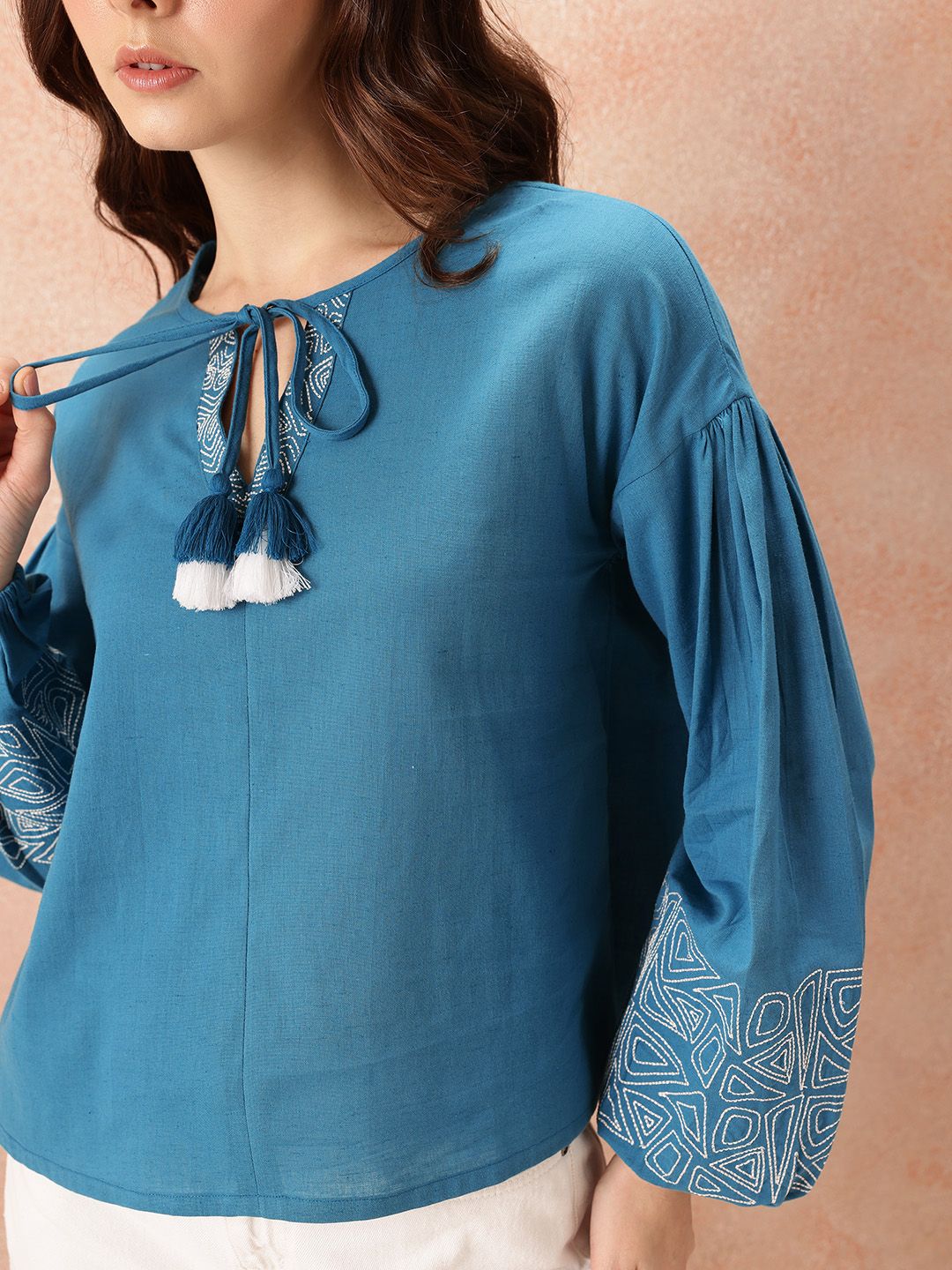all about you Tie-Up Neck Puff Sleeves Cotton - Linen Top