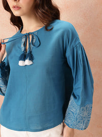 all about you Tie-Up Neck Puff Sleeves Cotton - Linen Top